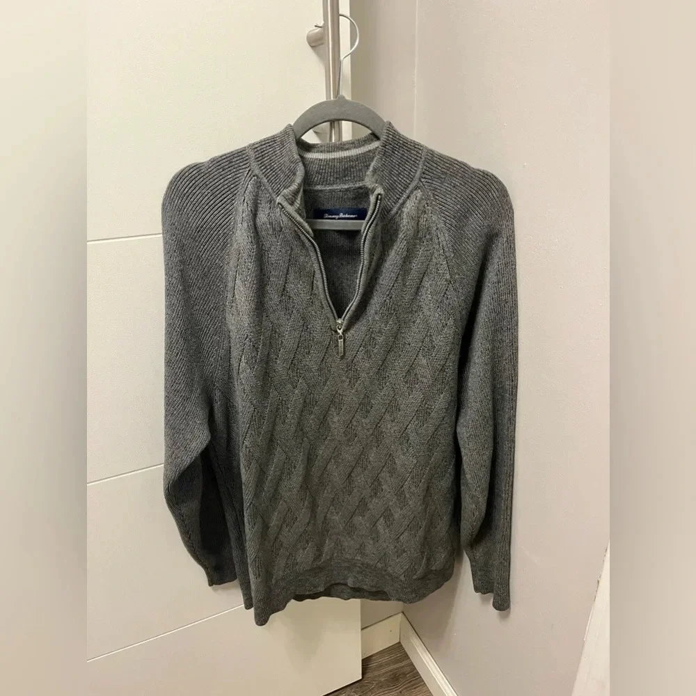 Tommy Bahama Brand Men's Napa Ridge 1/4-Zip Warm Cotton Jacquard Sweater Gray, L